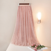 丝柏舍2020秋女时尚淑女松紧腰网纱亮片百褶半身裙S91T1188B