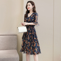 丝柏舍秋2020女韩版印花V领五分喇叭袖中长款连衣裙S91R1102L