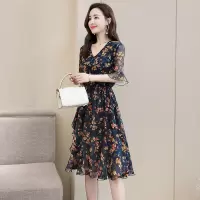 丝柏舍秋2020女韩版印花V领五分喇叭袖中长款连衣裙S91R1102L