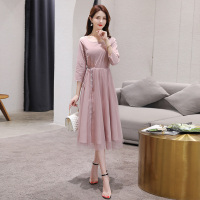 丝柏舍秋装2020女装圆领绣花收腰网纱中长款连衣裙S91R1032L