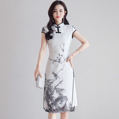 丝柏舍2020年夏新女装中国风民族水墨画旗袍式连衣裙S82R1220L