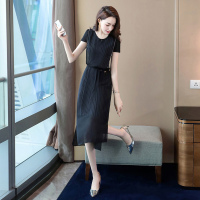 丝柏舍2020夏时尚圆领条纹短袖修身中长款连衣裙女S92R1161L