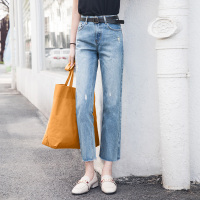 丝柏舍秋装2020款女装韩版纯色高腰做旧宽松直筒休闲牛仔裤S91T1568K