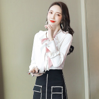 丝柏舍2020秋装时尚淑女拼色系带领衬衫袖常规衬衫S91R1540C