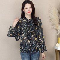 丝柏舍2020秋装女时尚系带领喇叭长袖印花修身衬衫S81R0253C