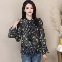 丝柏舍2020秋装女时尚系带领喇叭长袖印花修身衬衫S81R0253C