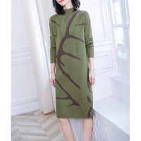 丝柏舍2020冬装女时尚长袖撞色印花中长款连衣裙S94P0036L