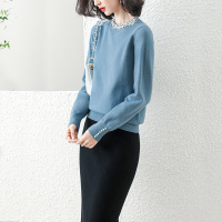 丝柏舍女秋装2020时尚钉珠纯色简约圆领套头显瘦气质针织衫S03S0013Z