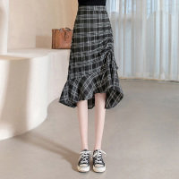 丝柏舍2020秋季女装时尚高腰抽绳褶皱不规则气质格子半身裙S03R4747B