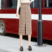 丝柏舍2020秋装女时尚高腰开叉气质格纹中长款港味半身裙S03R4886B