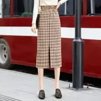 丝柏舍2020秋装女时尚高腰开叉气质格纹中长款港味半身裙S03R4886B