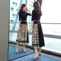 丝柏舍2020秋装优雅针织衫印花百褶中长款连衣裙S03B6803L