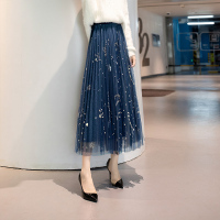 丝柏舍2020秋装女时尚高腰长款百褶刺绣网纱气质半身裙S03K4498B