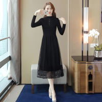 丝柏舍2020冬季女潮流时尚纯色简约长袖修身拼接中长款连衣裙S03T6944L