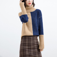 丝柏舍2020冬季女装时尚高领拼接撞色保暖侧开叉宽松显瘦毛衣S04Z0011M