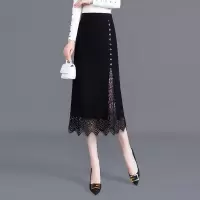 丝柏舍2020冬女时尚纯色高腰修身中长款单排扣蕾丝拼接针织裙S03U0072B
