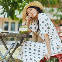 茵曼夏装新款棉质短袖连衣裙中长裙女裙1862102419