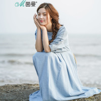 茵曼夏装净色一字领宽松中长款连衣裙女1872102356