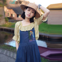 茵曼2017夏装新款A摆收腰中长款棉质牛仔背带裙女1872103225