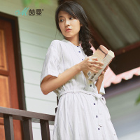 茵曼新款棉麻竖条短袖文艺范衬衫连衣裙1872102557