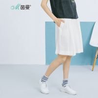 茵曼新款皱褶亚麻阔腿裤五分裤女麻质休闲裤1862092218