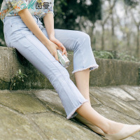 茵曼夏装新款文艺毛边磨白七分牛仔裤女显瘦喇叭裤