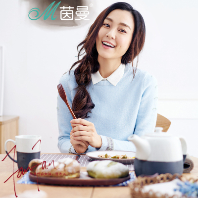 茵曼女秋冬新款文艺撞色提花圆领长袖套头毛衣1864132382