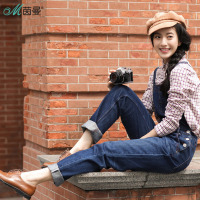 D茵曼秋新款文艺牛仔背带裤女宽松休闲直筒裤长裤G1873470375