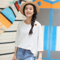 茵曼秋装新款文艺范绣花前短后长纯色T恤女七分袖女1873021094