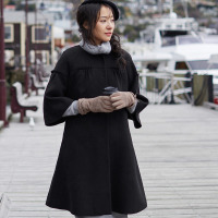 茵曼秋装新款圆领中长款七分袖毛呢风衣外套女