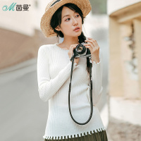 茵曼秋装新款圆领时尚散边坑条紧身针织衫女打底衫