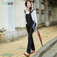 茵曼春装新款个性毛边时尚黑色喇叭吊带牛仔背带裤女裤长裤