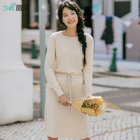 茵曼冬装新款系带收腰显瘦休闲针织裙连衣裙中长裙