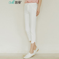 茵曼2018春装新款纯色百搭休闲裤修身直筒裤七分裤女裤开叉裤子1882093746