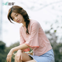 茵曼夏装新款纯棉圆领五分袖喇叭袖文艺T恤女宽松小衫上衣