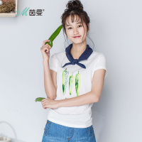 D茵曼女装夏装新款短袖T恤女夏 百搭文艺印花多色T恤衫1882022786H