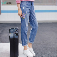 茵曼2018春装新款百搭文艺范绣花猫须破洞牛仔裤九分裤女裤直筒裤1881334158