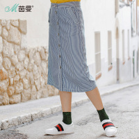 茵曼春新款纯棉条纹牛仔纽扣半身裙包臀中裙高腰中长款裙子