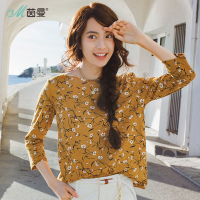 茵曼春装新款纯棉文艺范小碎花一字领宽松七分袖T恤女印花衫1881023282