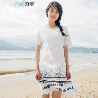 D茵曼2018夏新款文艺纯棉绣花布印花圆领短袖连衣裙1882102758