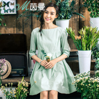 茵曼春夏新款七分袖高腰连衣裙夏小清新中长裙女裙