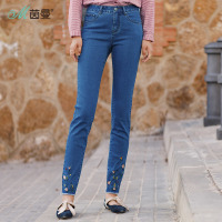 D茵曼2018春新款小清新植物绣花毛边小脚裤弹力牛仔裤女裤九分裤1881334155