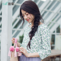 D茵曼2018春装新款一字领田园小碎花七分袖宽松T恤女长袖印花上衣1881021469