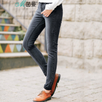 D茵曼2018春装新款中腰修身显瘦微弹烟灰色牛仔裤女小脚裤铅笔裤G1873331395