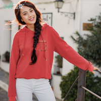 茵曼春装新款休闲字母印绣百搭纯棉长袖连帽卫衣女宽松短款