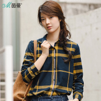 茵曼春装新款文艺显瘦英伦大方格子长袖衬衫女纯棉衬衣上衣