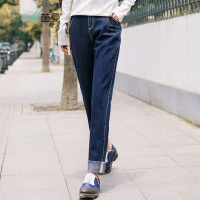 D茵曼春秋新款深蓝色复古水洗修身直筒裤棉麻翻边牛仔裤女裤长裤1873331023