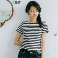 茵曼棉素夏新款文艺纯棉短袖黑白条纹T恤女简约修身显瘦上衣