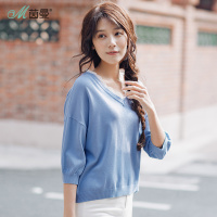 茵曼女装春装新款花边V领百搭七分落肩袖毛衣女宽松短款上衣