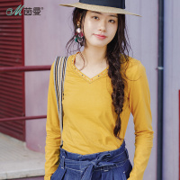 茵曼春装新款趣味绣花V领百搭纯棉长袖T恤女修身打底衫上衣1881021409